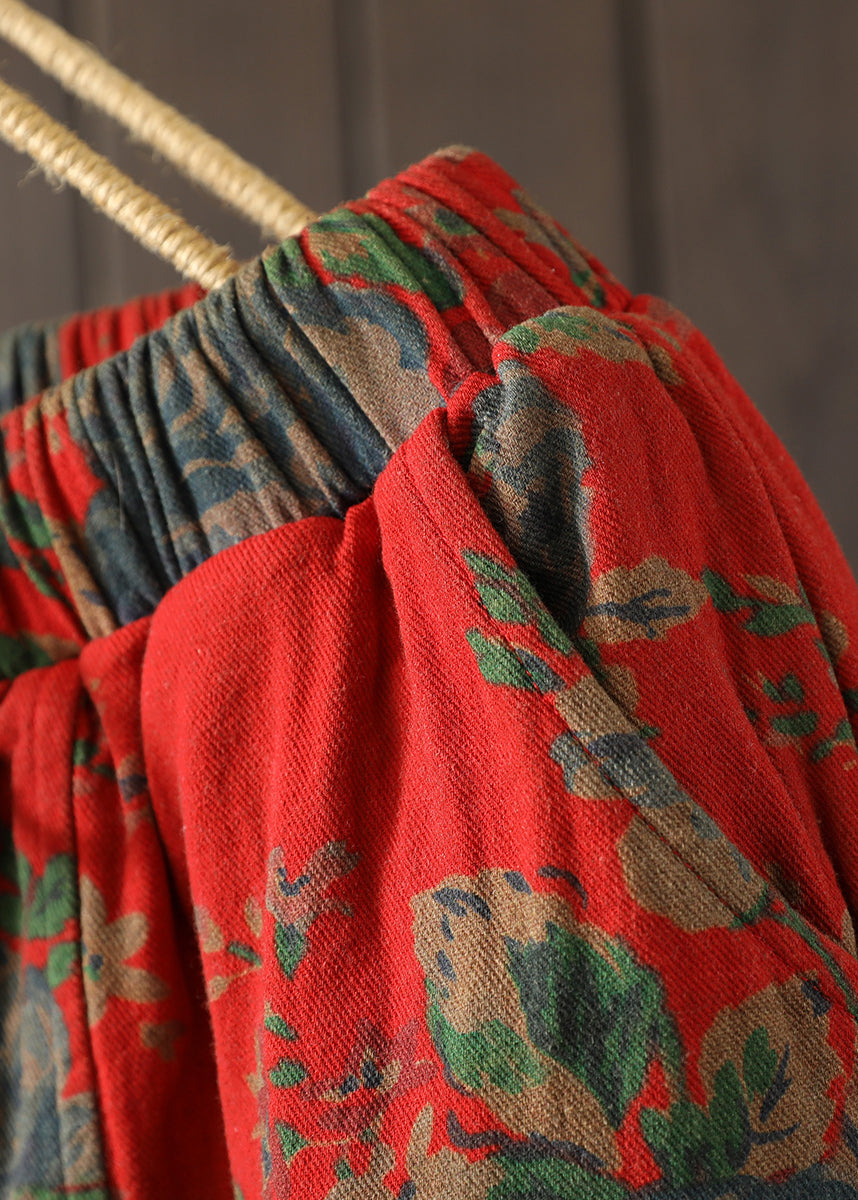 Red Oversized Print Fine Cotton Filled Pants Winter