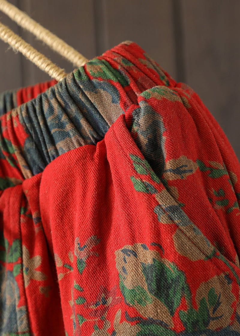 Red Oversized Print Fine Cotton Filled Pants Winter