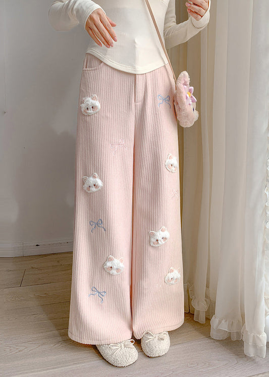 Pink Embroidered Cat Decorated Warm Fleece Pants Winter