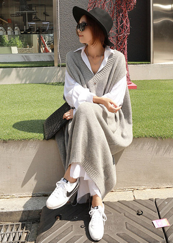 Grey V Neck Knit Long Dress Short Sleeve