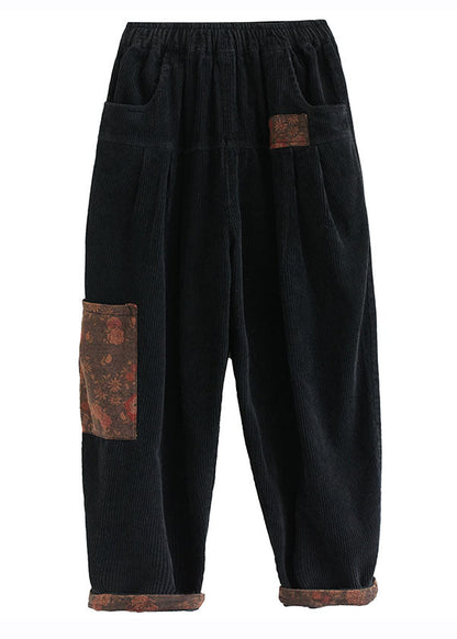 Black Print Patchwork Thick Corduroy Fleece Pants Winter