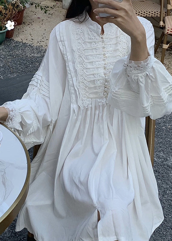 White Oversized Nail Bead Cotton Mini Dress Spring