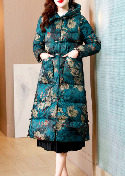 Green Print Pockets Chinese Button Cotton Blend Puffers Coat Winter