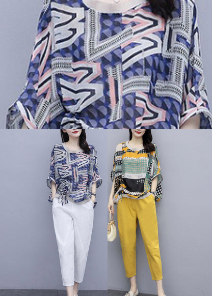 Blue Print Top and Pants Two Pieces Set Summer