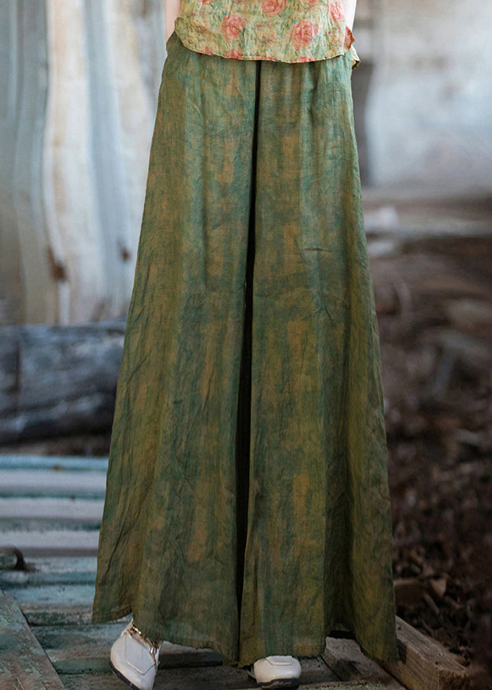 Green Print Pockets Linen Wide Leg Pants Summer