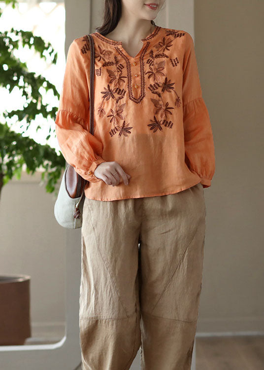 Orange Embroideried Wrinkled Patchwork Linen T Shirt Spring