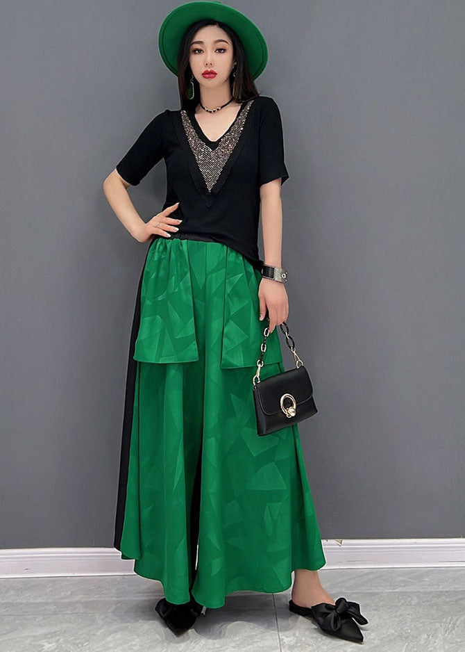 Green V Neck Patchwork Big Pockets Cotton Two Piece Suit Set Summer