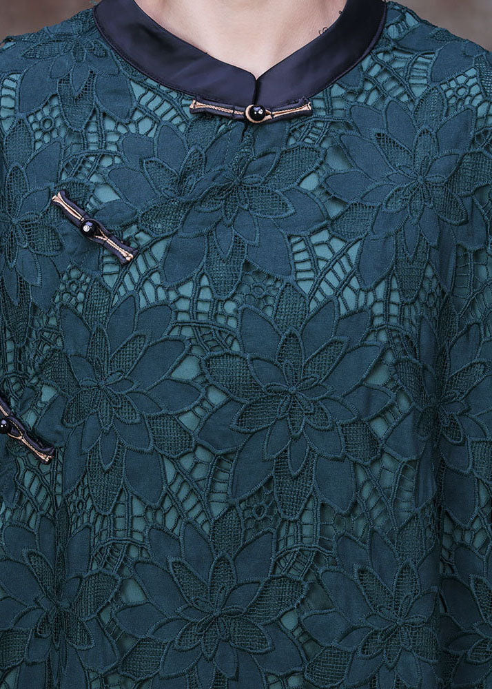 Green Stand Collar Patchwork Side Open Lace Long Dresses Half Sleeve