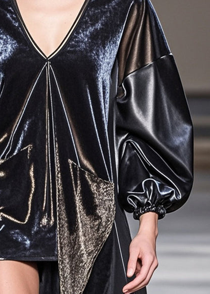 Original Design Black Asymmetrical Pu Patchwork Silk Velour Top Fall