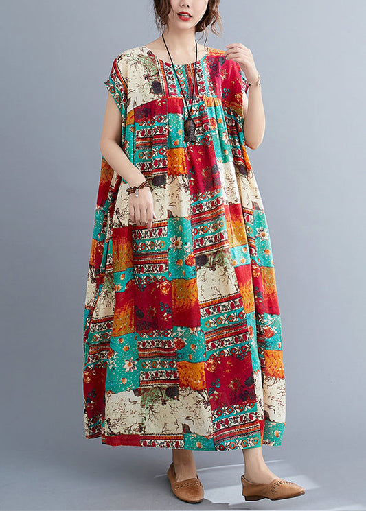 O-neck Patchwork Print Long Dresses Short Sleeve