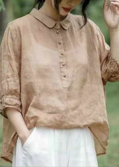 Red Peter Pan Collar Patchwork Button Linen Tops Long Sleeve