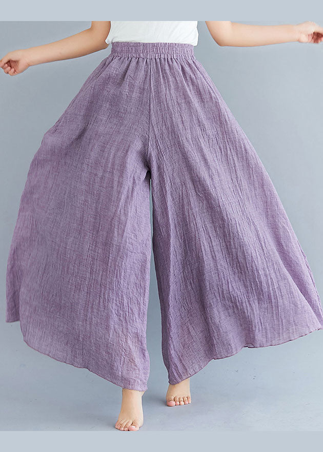 Purple Elastic Waist Linen Wide Leg Pants Summer