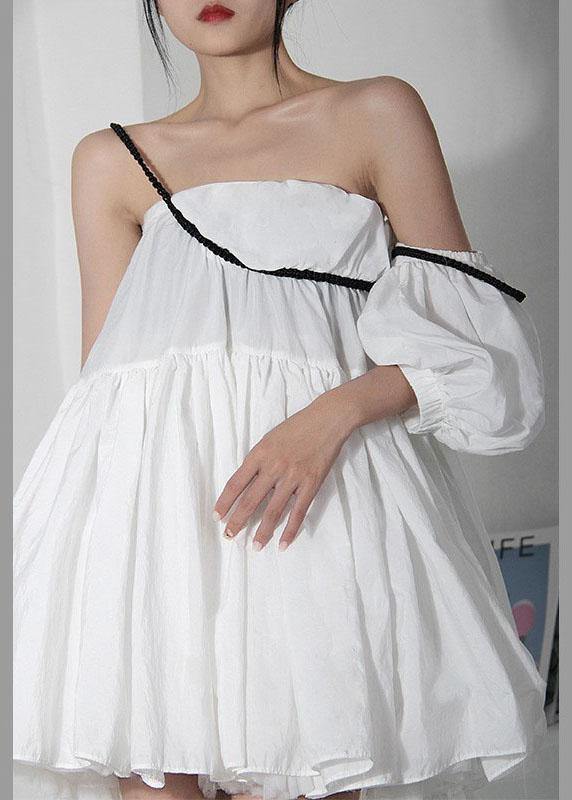 White Asymmetrical Design Puff Sleeve Cold Shoulder Cotton Spaghetti Strap Dress
