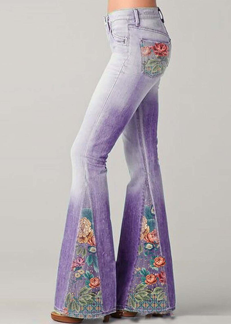 Blue High Waist Patchwork Print Denim Flare Bottoms Summer