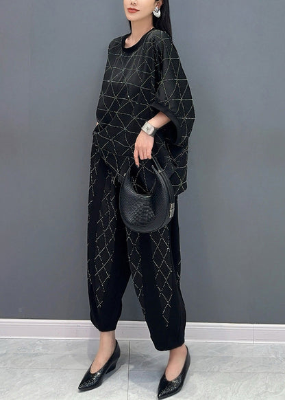 Boutique Black O-neck Plaid Zircon T Shirts and Harem Pants Two Piece Set Short Sleeve