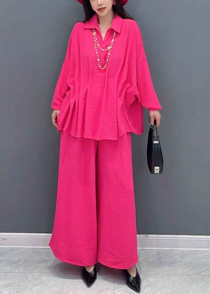 Rose Tops and Wide Leg Pants Cotton Two Pieces Set Spring