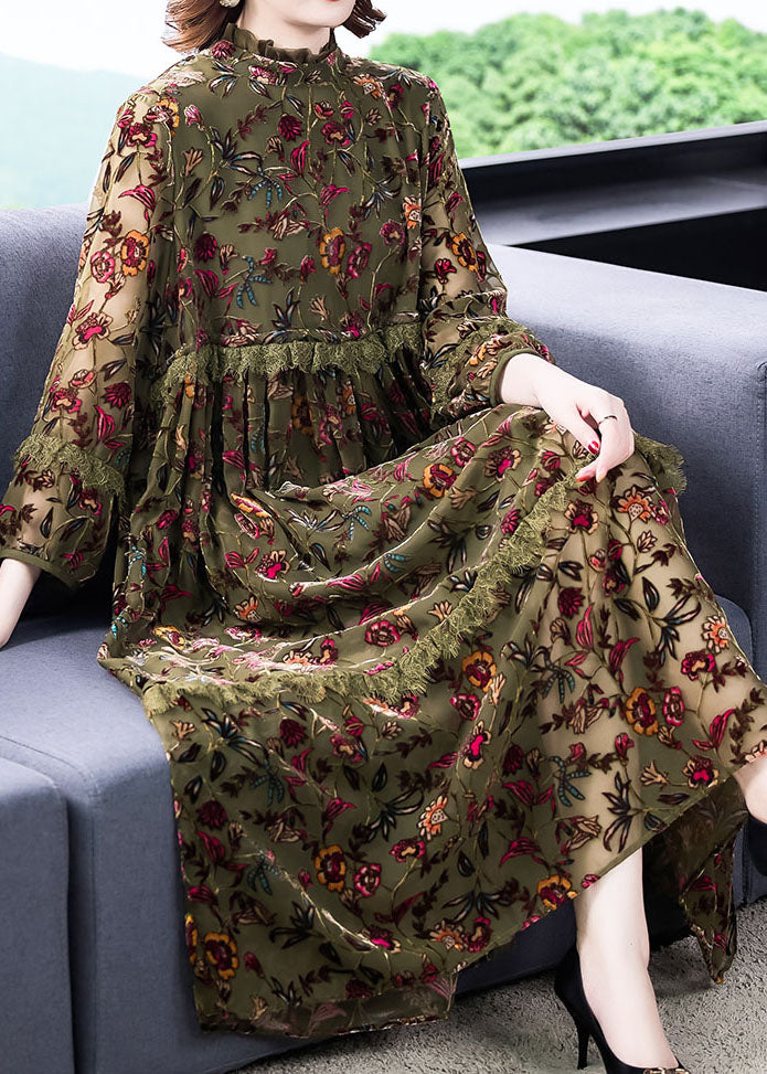 Green Ruffled Print Velour Dresses Spring