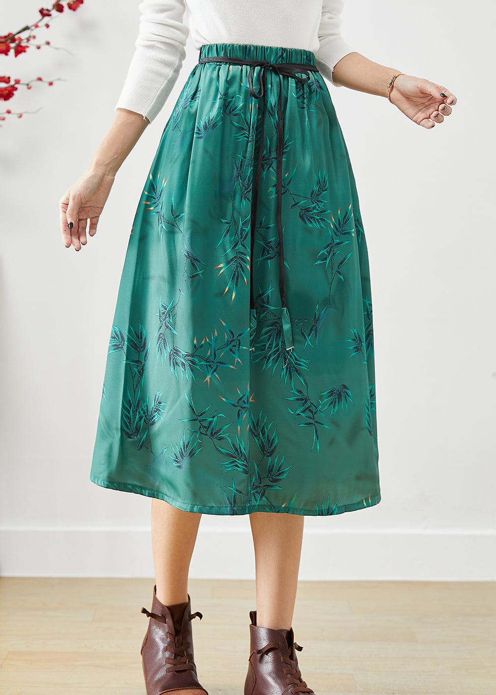 Green Embroideried Bow Silk a Line Skirt Fall