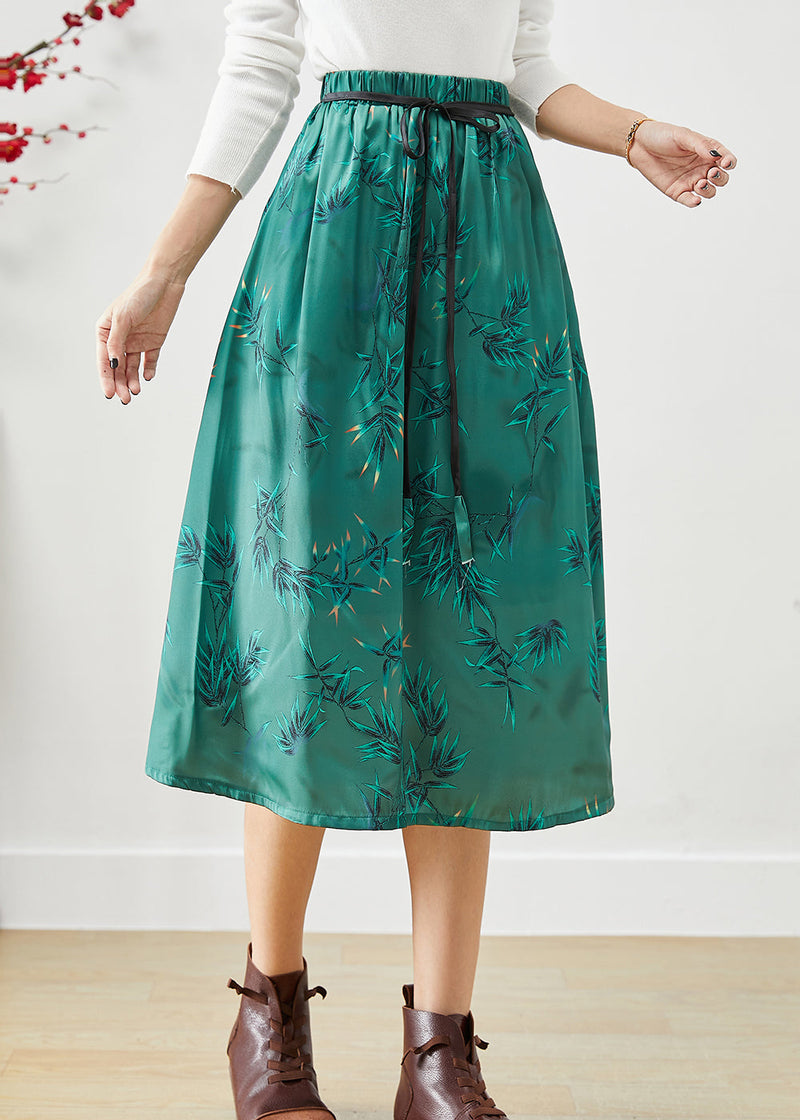 Green Embroideried Bow Silk a Line Skirt Fall