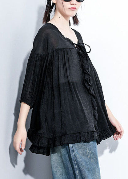 Fine Black V Neck Tie Wrinkled Top Three Quarter Sleeve