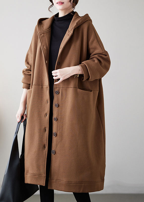 Camel Button Warm Fleece Thick Hoodie Maxi Coat Winter