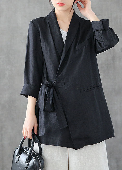 Black Asymmetrical Design Pockets Linen Coats Long Sleeve