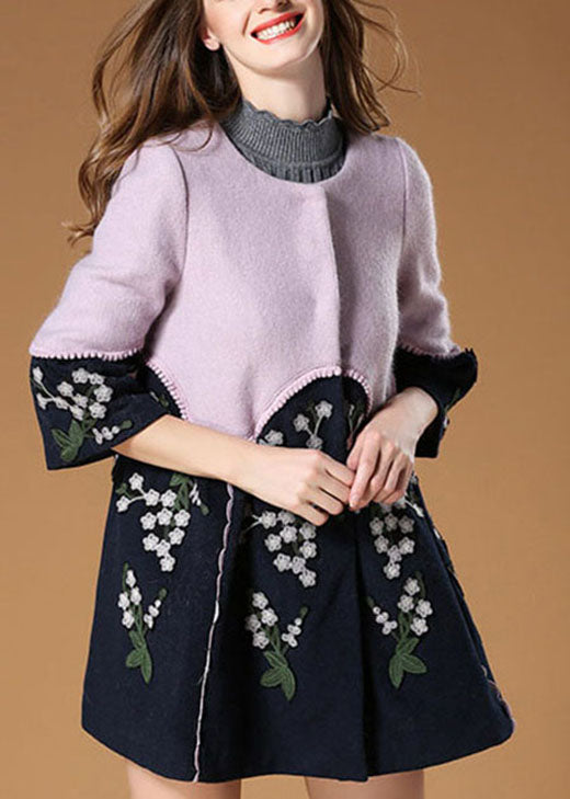 Purple Patchwork Embroideried Fall Woolen Coat