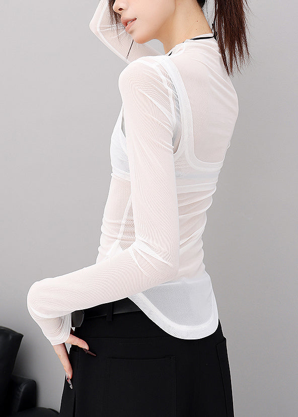 White Hign Neck Patchwork Tulle Two Pieces Set Fall