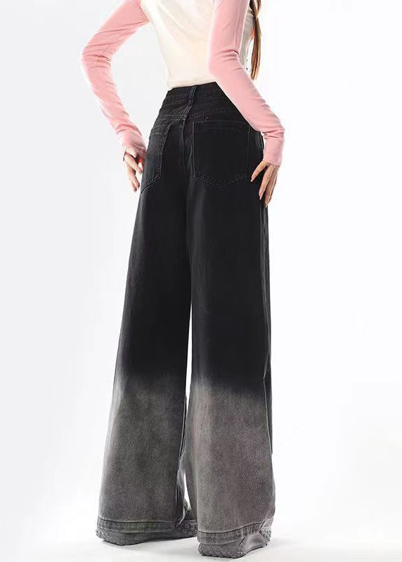 French Black Embroideried Pockets Denim Straight Pants Fall