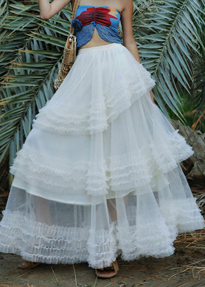White Elastic Waist Tulle Summer Maxi Skirts Ruffled