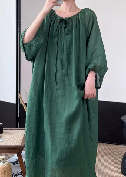 Green Lace Up Linen Long Dresses Fall