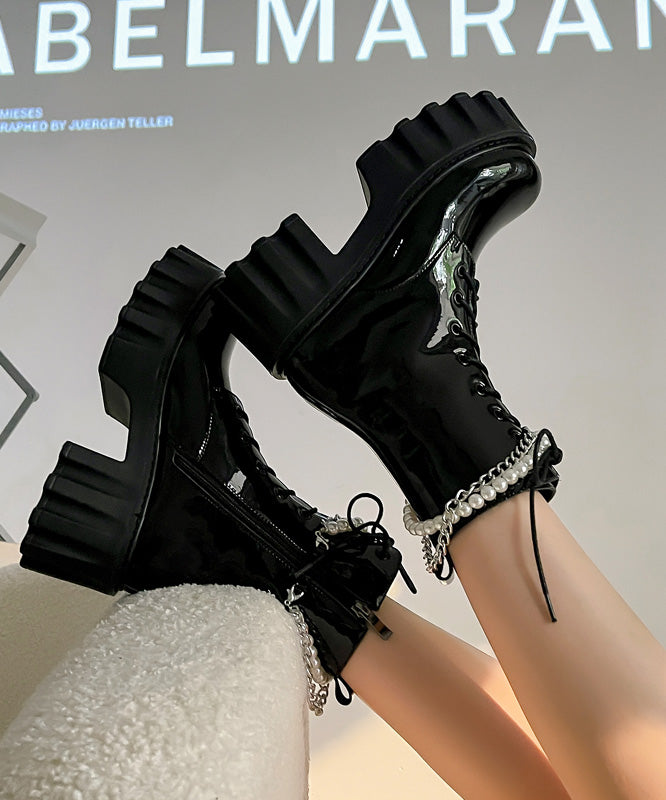 Black Boots Platform Cowhide Leather Splicing Cross Strap