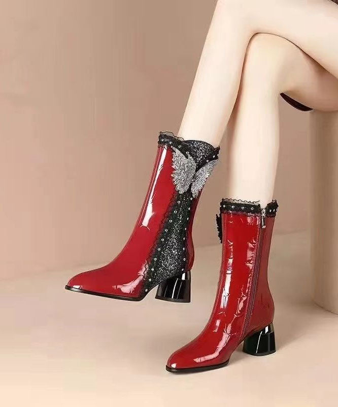 Lace Zircon Splicing Warm Fleece Boots Black Faux Leather
