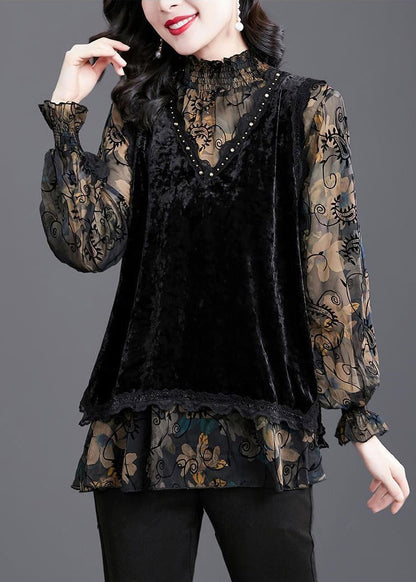Black Ruffled Print Patchwork Silk Velour Tops Fall