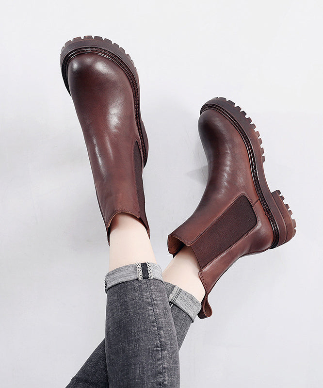 Brown Chunky Cowhide Leather Fitted Splicing Boots