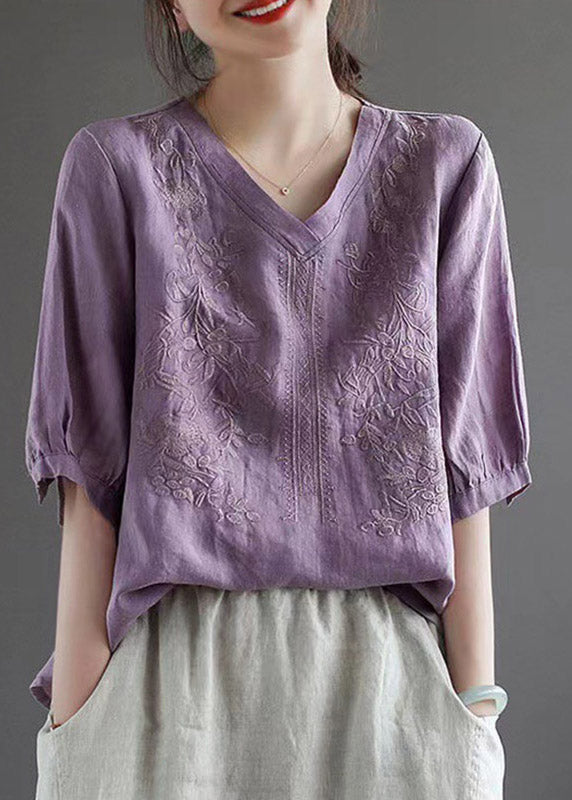 Purple V Neck Embroideried T Shirt Half Sleeve
