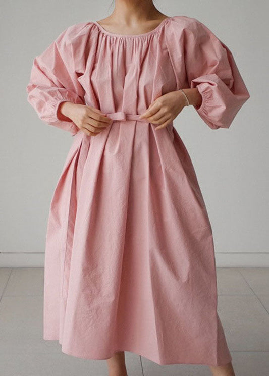 Pink Cotton O-neck Wrinkled Maxi Dress Three Quarter Sleeve