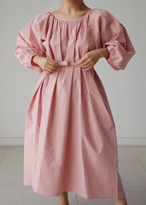 Pink Cotton O-neck Wrinkled Maxi Dress Three Quarter Sleeve