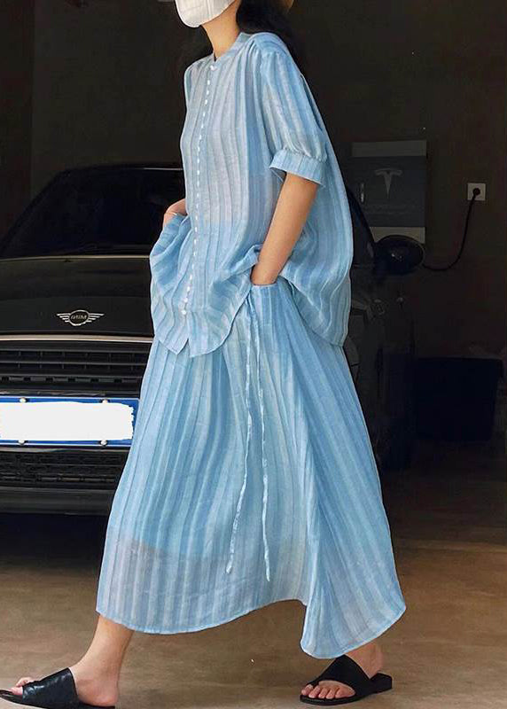 Loose Blue Button Blouses and Skirts Two Pieces Set Summer