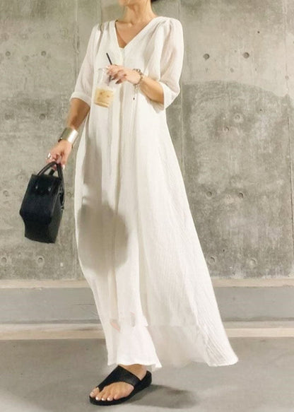 Simple White O-neck Patchwork Cotton Two Piece Set Summer