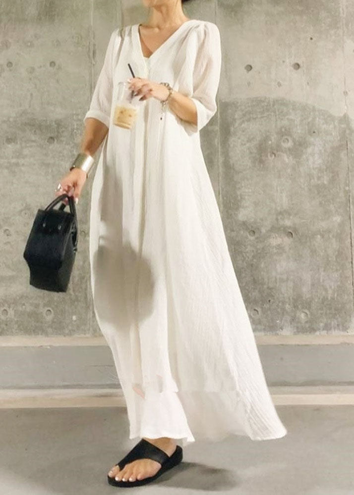 Simple White O-neck Patchwork Cotton Two Piece Set Summer