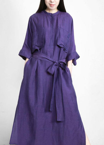 Natural Purple Tunic V Neck Pockets Holiday Linen Dress