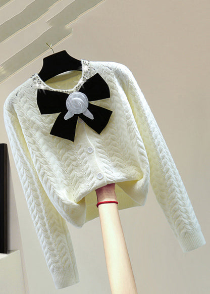 Blue O-neck Zippered Bow Thick Cable Cotton Knit Sweaters Winter