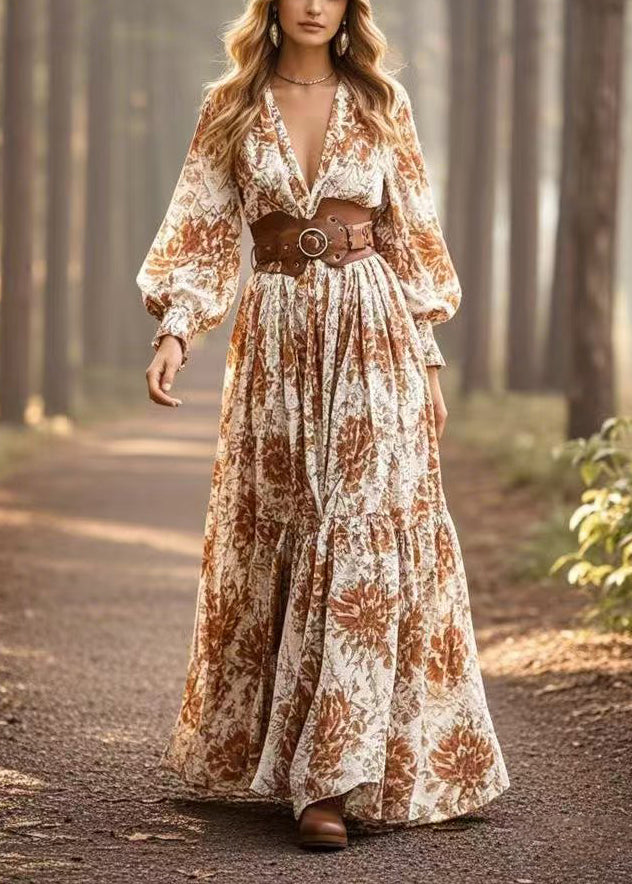 Khaki Cinched Print Cotton Maxi Dresses Spring