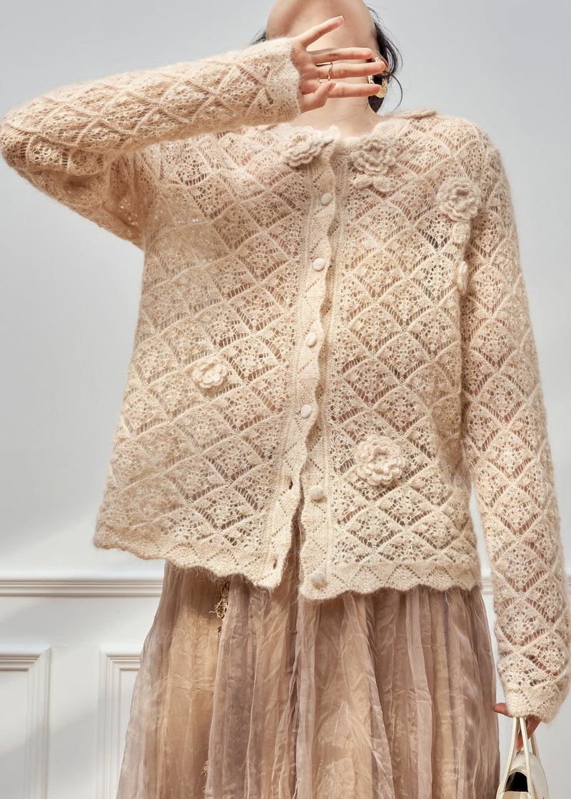 Art Apricot Hollow Out Button Knit Sweater Spring