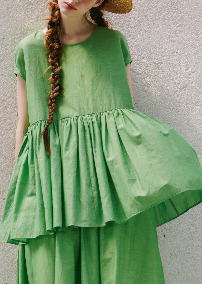 Loose Green O-neck Wrinkled Cotton Shirts Summer
