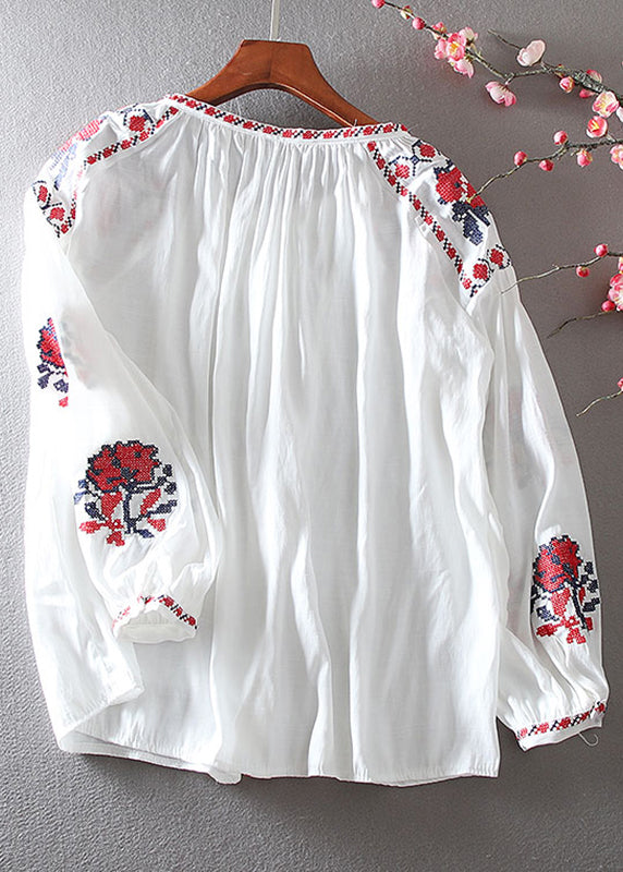 White Embroidered Shirt Lantern Sleeve