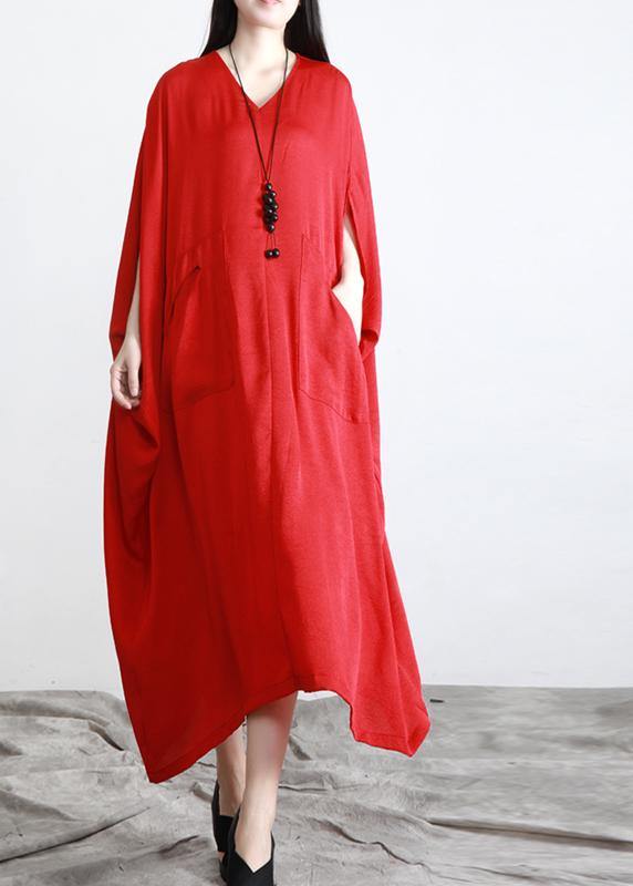 Unique Red Asymmetrical Design Batwing Sleeve Summer Chiffon Dress
