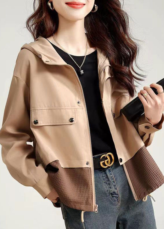 Light Khaki Zip Up Patchwork Cotton Hooded Jacket Fall