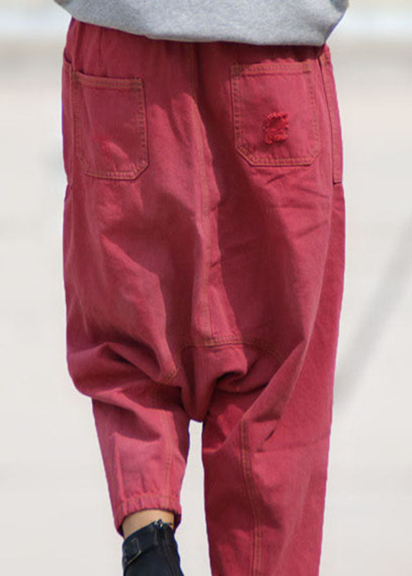 Red Pockets Patchwork Denim Harem Crop Pants Spring